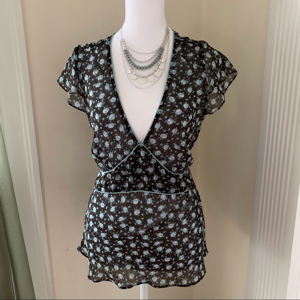 NY&Co floral semi sheer blouse self ribbon tie Brown and blue flowers and trim